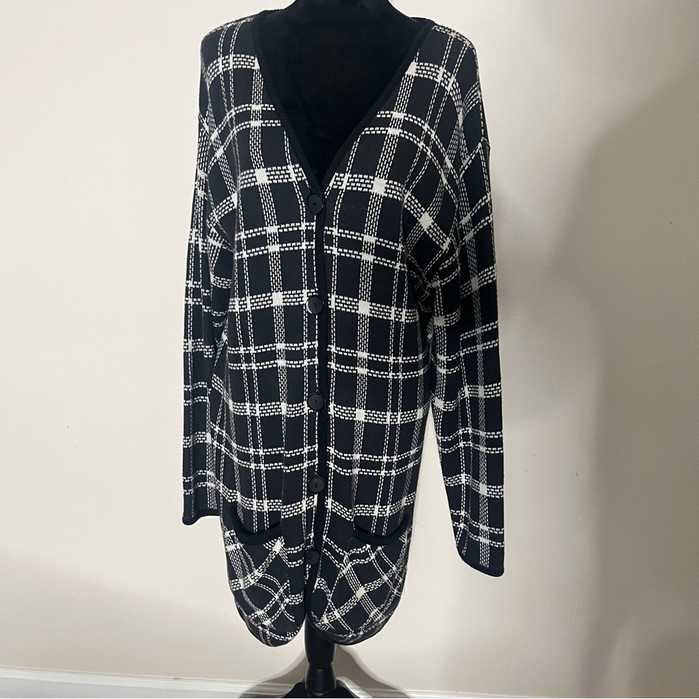 Diane Von Furstenberg Women’s Black/White Long‎ Knit Button Front Cardigan Sz L